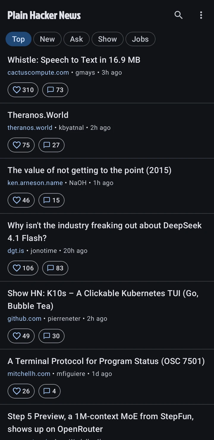 The Top stories feed in dark theme, with Top, New, Ask, Show and Jobs tabs, and points and comment counts under each title