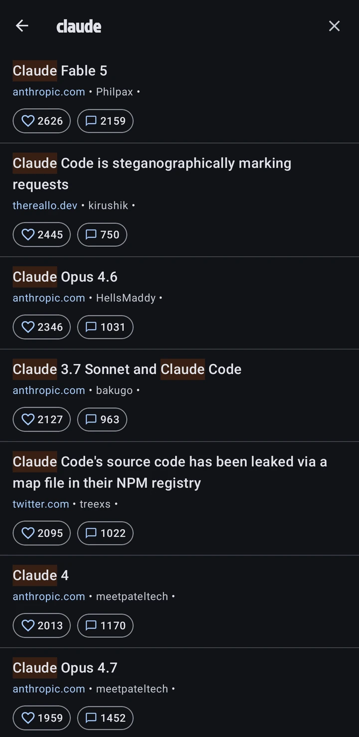 Search results for the word claude, with the word highlighted in each story title