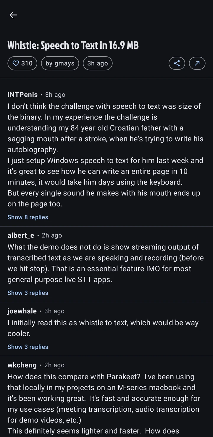 A story page with its top-level comments, each showing a Show replies link