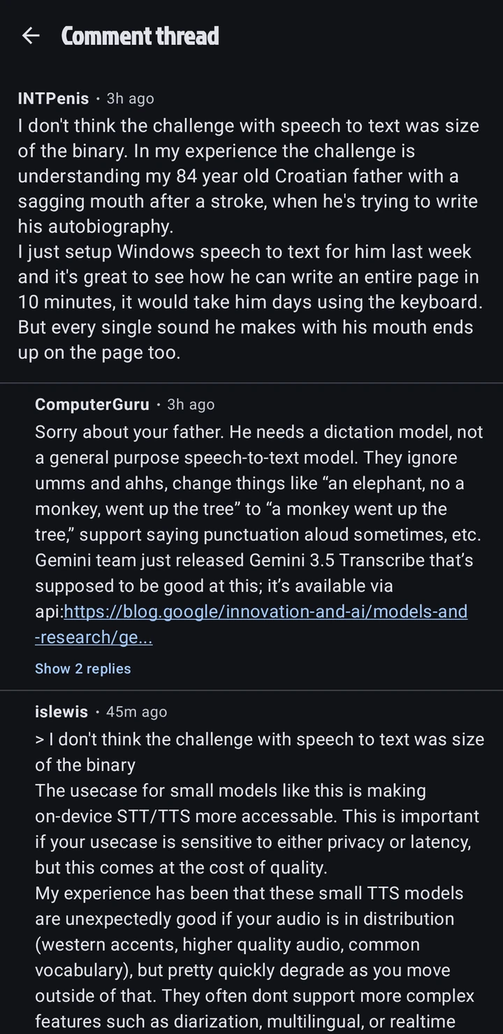 A comment thread screen with the original comment on top and replies below it