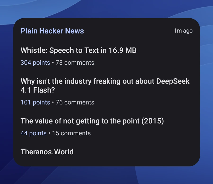 The Plain Hacker News widget on an Android home screen listing four stories with points and comment counts